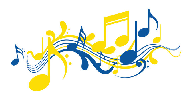 Dynamic musical composition with vibrant yellow and blue notes