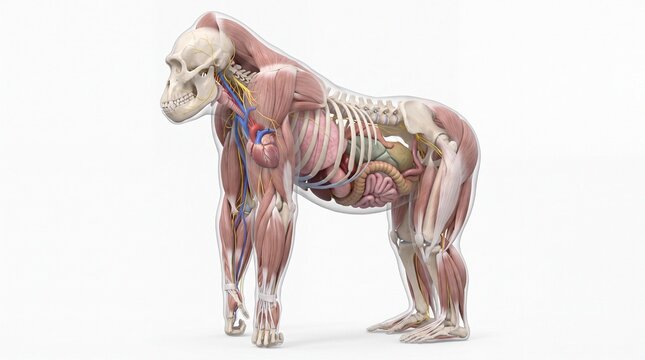 Detailed anatomical of a gorilla showing internal organs muscles and skeletal structure in a realistic 3D render