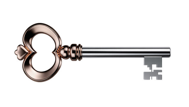 Isolated elegant antique key with ornate rose gold bow and polished silver shaft and bit