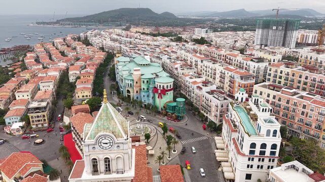 Drone Shot of Sunset Town, Phu Quoc Island, Vietnam, Tourist Destination and Colorful Buildings