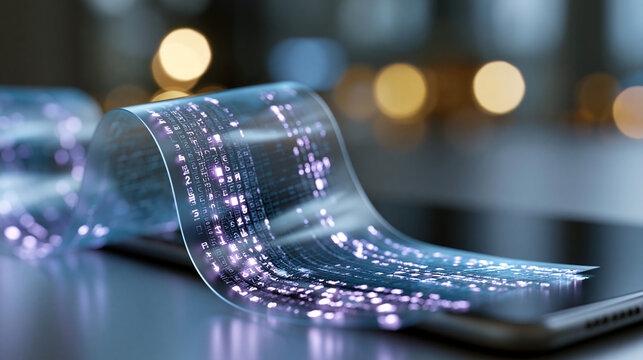 Translucent flexible display sheet glowing with violet data on a sleek metallic surface bright soft lighting futuristic technology flexible electronics innovation with copy