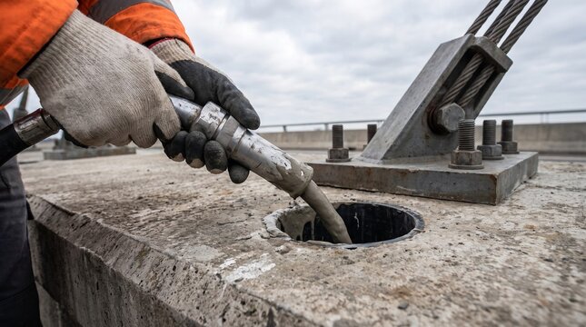 Close-up of a construction worker in safety gear injecting grout into a concrete structure, likely a bridge cable stay, ensuring structural integrity and longevity.