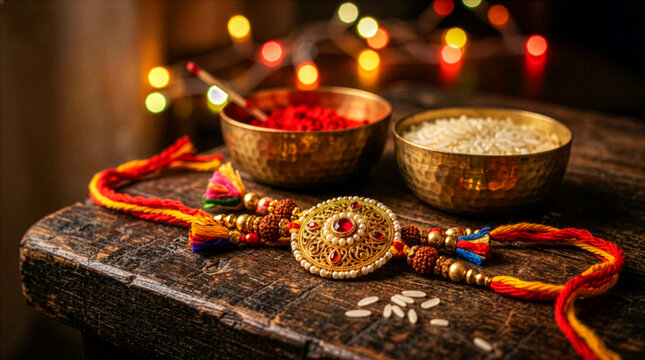 Ornate Golden Rakhi Thread with Roli Kumkum and Chawal Rice Bowls for Raksha Bandhan
