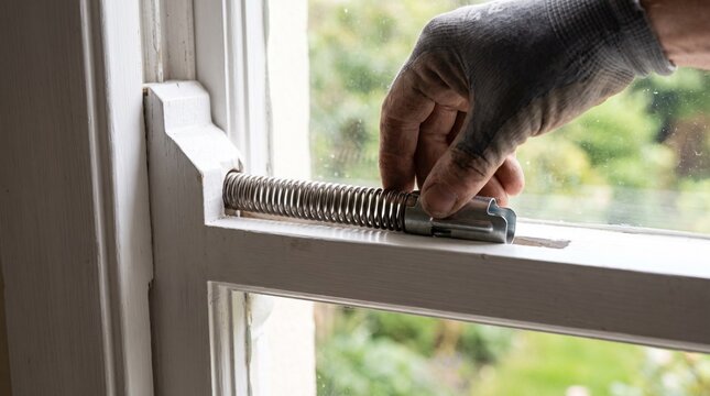 Close-up of a gloved hand installing or repairing a spring mechanism in a white wooden sash window frame, highlighting home improvement and window maintenance.