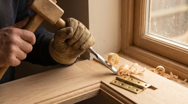 Close-up of a skilled carpenter using a chisel and mallet to precisely cut a mortise for a brass hinge in an oak window sill. Traditional woodworking craftsmanship in action.