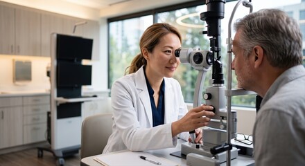 Fototapeta premium Female optometrist in white coat examining male patient's eye with slit lamp biomicroscope in modern clinic examination room