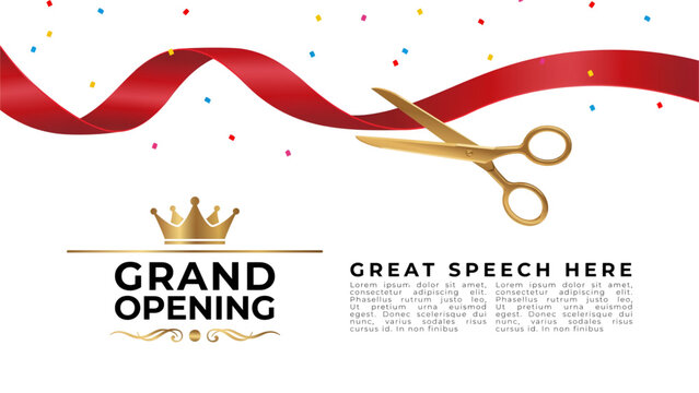 Grand opening event banner with golden scissors cutting a red ribbon and colorful confetti for a business celebration launch Vector