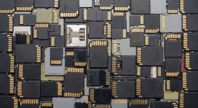 Grid of various digital memory cards including SD cards and micro SD cards arranged closely together