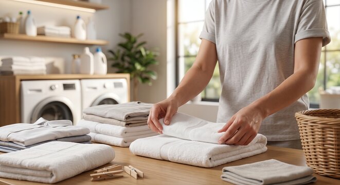 Hands folding clean white towels on a wooden table in a bright laundry room with washing machines