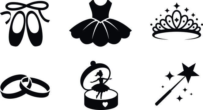 Princess and ballet icon set, fairy tale accessories collection with tiara, tutu and magic wand