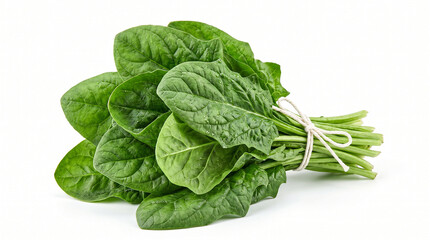 Fototapeta premium A fresh bunch of vibrant green spinach leaves tied with a white string, presented on a clean white background.
