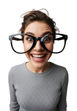 young caucasian woman in a grey sweater wearing oversized novelty glasses, extreme fisheye lens distortion exaggerates her manic smile on a high-key gray background. concept of playful absurdity