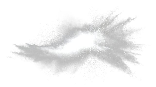 White powder cloud with flour explosion and flying particles