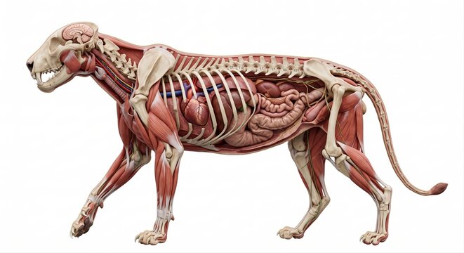 Realistic 3D anatomical model of a big cat's internal structure including skeleton muscles and organs