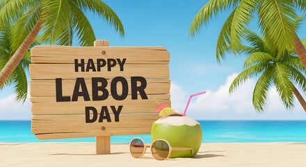 Happy labor day beach getaway with coconut drink and palm trees