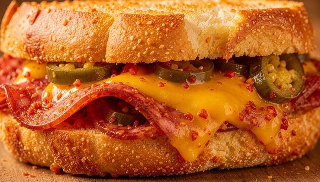 panini sandwich with spicy salami pepper jack cheese and jalapeno on crispy bread under warm lighting