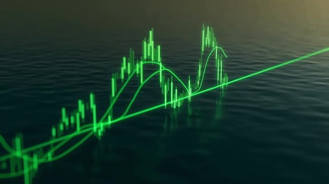 Glowing green financial charts and candlestick patterns fluctuate dynamically over a dark, rippling ocean surface, symbolizing economic waves and market trends.