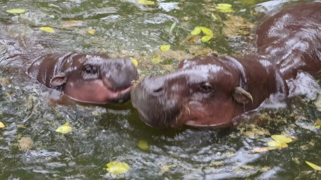 Footage of a naughty Pygmy Hippo calf playing with her mother while relaxing in the pond