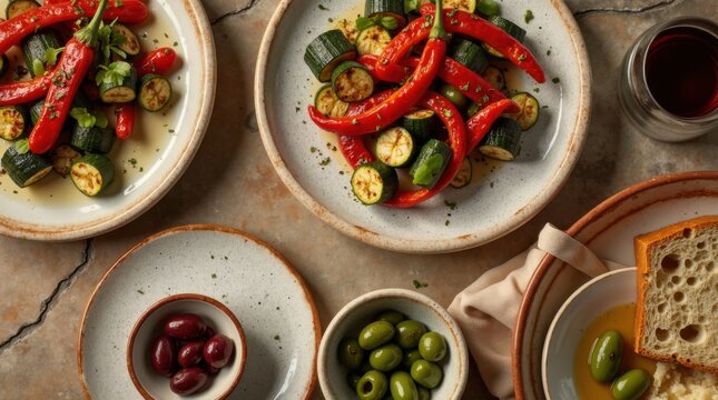 Vista cenital de un almuerzo mediterr&aacute;neo r&uacute;stico con calabac&iacute;n a la parrilla y pimientos rojos asados