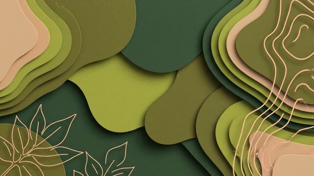 Abstract Paper Cut Topography with Layered Green Organic Shapes and Leaf Outlines, Ideal for Eco-Friendly Branding and Nature-Themed Video Backgrounds.