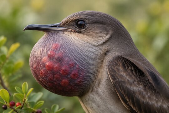 Close-up of a bird with a full throat pouch of red berries in its natural habitat.