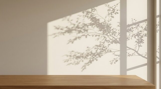 Empty wooden table surface in bright room with aesthetic soft leaf shadows falling on beige wall background for product display presentation or minimalist mockup template for modern interior design.