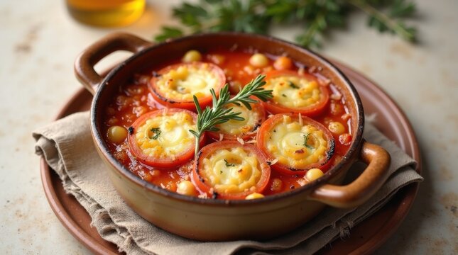 Vista cenital de un gratinado de hinojo y tomate al horno con parmesano y tomillo fresco