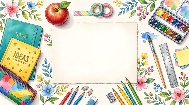 Watercolor flat lay of school stationery and art supplies surrounding a blank sheet of paper with colorful floral decorations on a white background
