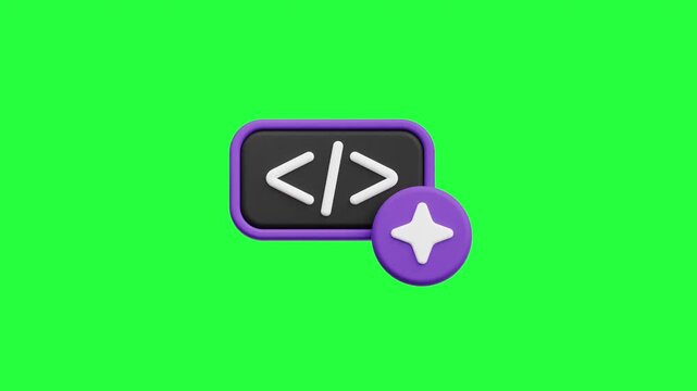 3D AI Coding Icon Pop Up Bounce Animation on Green Screen Background for Artificial Intelligence, Programming, and Software Development Concept