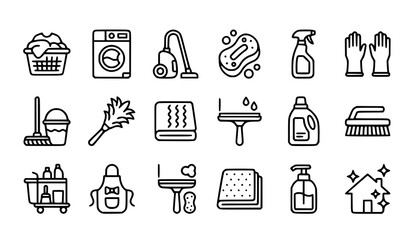 Fototapeta premium Modern Cleaning and Housekeeping Line Icons Vector Set with Laundry Vacuum Window and Maid Equipment