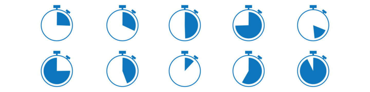 Collection of Blue Stopwatch Timer Clock Outline Icon. timer, clock, chronometer, speed, and time measurement symbols. Perfect for web, UI, UX. Vector illustration. eps10