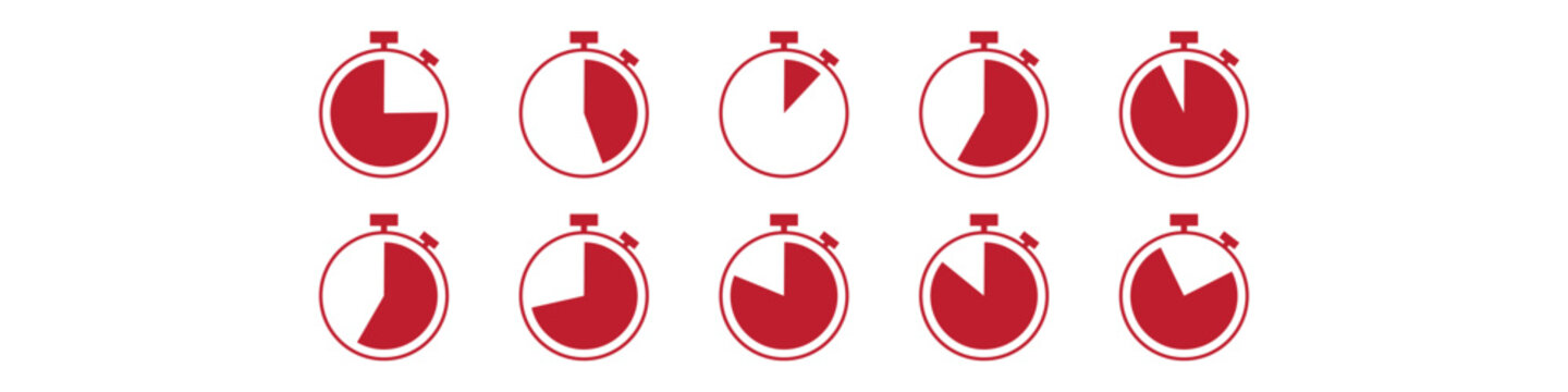 Collection of Red Stopwatch Timer Clock Outline Icon. timer, clock, chronometer, speed, and time measurement symbols. Perfect for web, UI, UX. Vector illustration. eps10