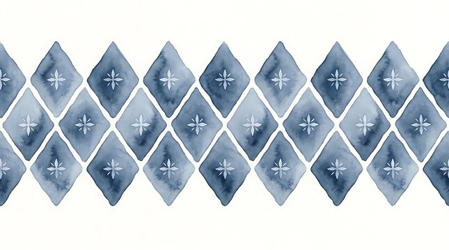 Blue watercolor diamond pattern border with star motifs