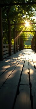 Sunlit wooden planks creak beneath the stroll, tranquil, foot bridge