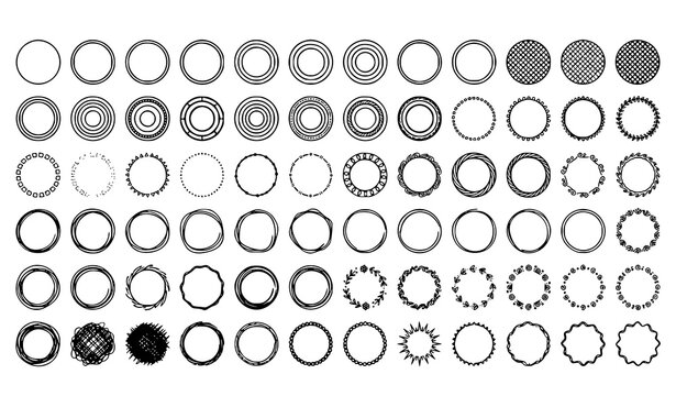 Round geometric frame vector set with hand drawn circle borders and line rings