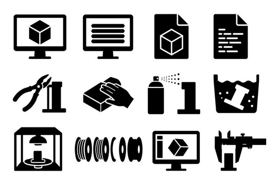 Digital Fabrication Workflow and Design Process Silhouette Icon Set with CAD, STL Files, Slicing and 3D Printing Workflow