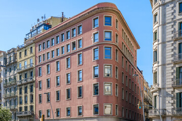 Fototapeta premium Corner Building Facade, Classic Architecture, Windows with Shutters