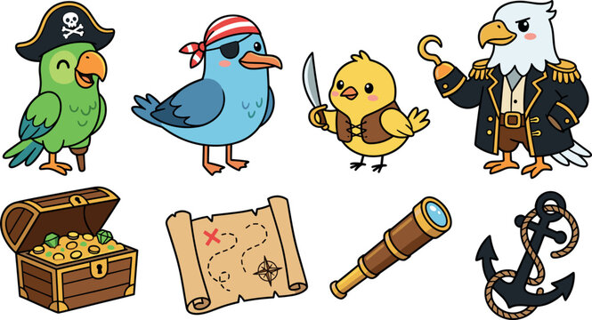 Cute Pirate Bird Vector Cartoon Set with Parrot Seagull Eagle Captain Treasure Chest Map Spyglass and Anchor Elements for Kids Designs and Graphics