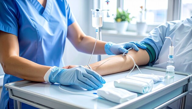 Healthcare Professional Administering IV Therapy to Patient in Hospital