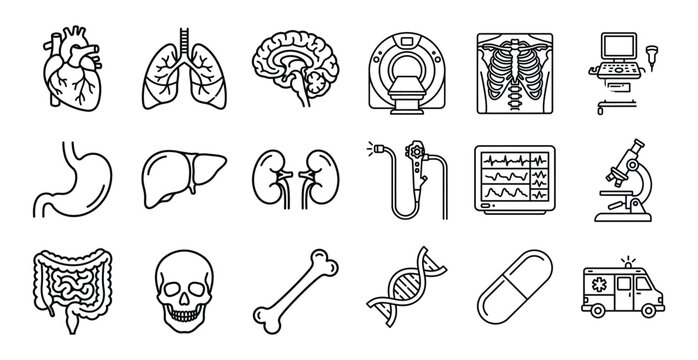 Set of human anatomy and medical diagnostic black line icons with healthcare diagnostic laboratory microscope skeleton ambulance hospital