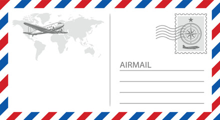 Obraz premium Vintage airmail envelope template, airplane with world map, postal stamp and address layout, international mailing vector illustration