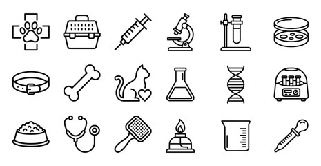 Veterinary medicine and laboratory diagnostic equipment thin line icon set with veterinary medicine laboratory diagnostic healthcare microscope