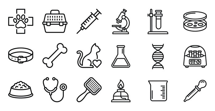 Veterinary medicine and laboratory diagnostic equipment thin line icon set with veterinary medicine laboratory diagnostic healthcare microscope