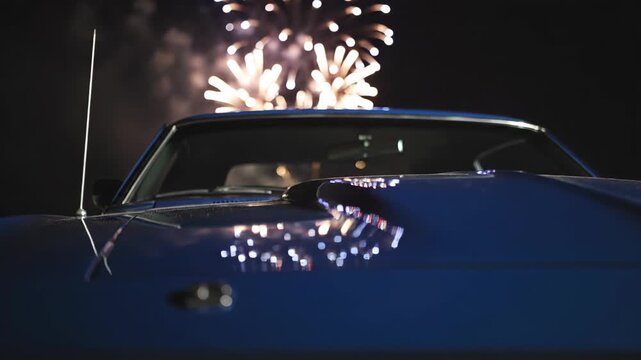 Blue muscle car parked under night sky with fireworks. Classic vehicle front hood reflecting pyrotechnic display. Celebration, holiday event and automotive concept