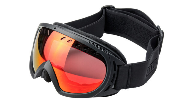 Black professional ski goggles winter sports gear isolated on a transparent background