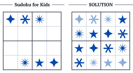 Kids Sudoku 4x4 puzzle with blue stars, hard level logic game for visual attention © Svetlana TF