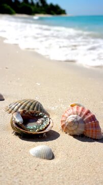 Beautiful sea shells lie on a sunny tropical beach sand