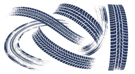 Grungy blue tire tread marks and curved skid patterns © Koyong