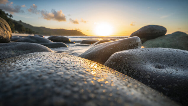 夕日を受けた海辺の丸い岩と波を写した近接風景