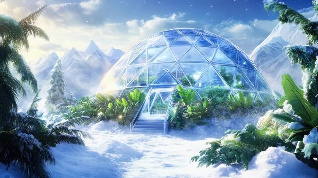 Snowy landscape with futuristic geodesic dome in winter wonderland at sunrise